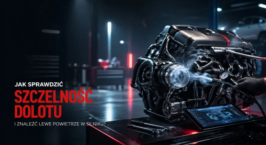 Mechanik sprawdza szczelność dolotu silnika, używając dymu. Na ekranie tabletu schemat silnika, a obok klucze.