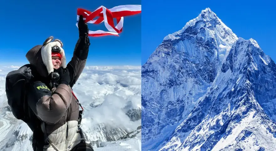 Młoda osoba z flagą na szczycie Mount Everest, najmłodsza osoba na Mount Everest, triumfuje nad chmurami.