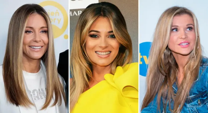 Trzy kobiety z długimi, **front blond** włosami: jedna w białej marynarce, druga w żółtej sukni, trzecia w dżinsowej kurtce.