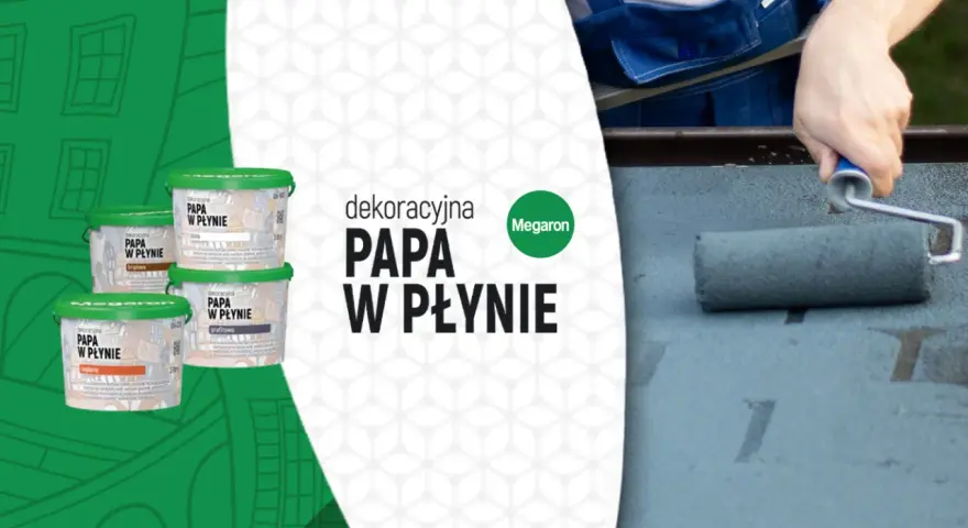 Pojemniki z dekoracyjną papą w płynie i wałek malujący dach. Dostępne kolory: ceglana, brązowa, biała, grafitowa.