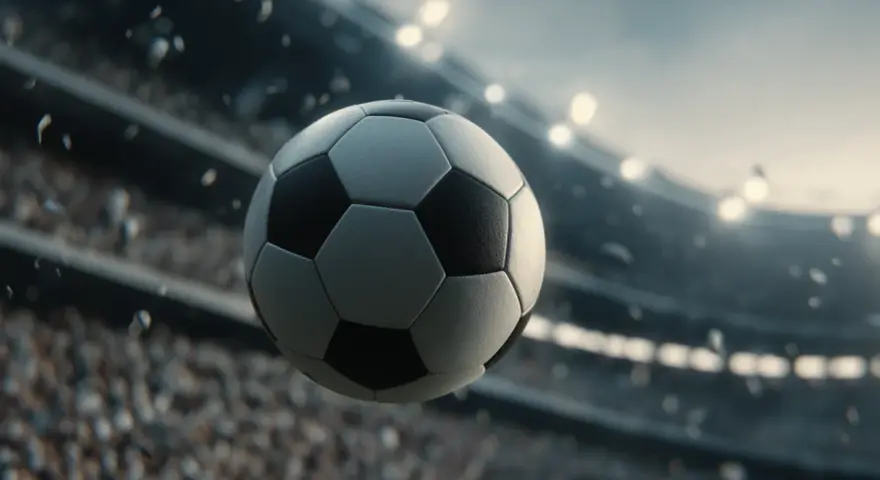 Piłka nożna w locie nad trybunami stadionu. Idealny rozmiar piłki nożnej dla 8 latka to rozmiar 4.