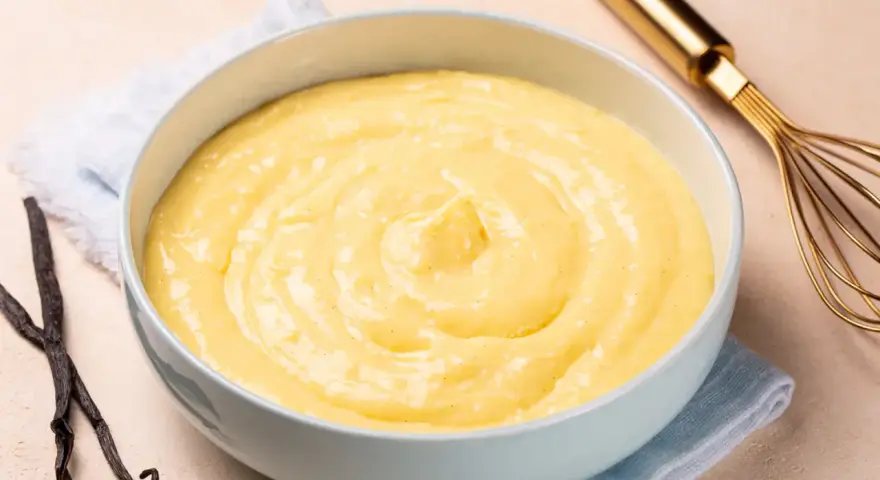 Un bol de crème pâtissière onctueuse, parsemée de points de vanille, avec des gousses de vanille et un fouet doré à proximité.
