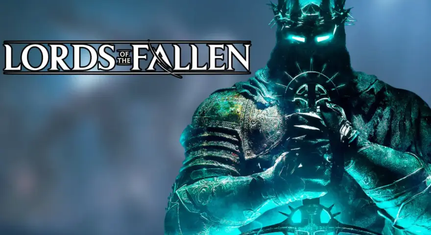 Un guerrero con armadura brillante y corona de espinas sostiene una espada. El logo "Lords of the Fallen" aparece en la esquina superior izquierda, sugiriendo un análisis del juego.