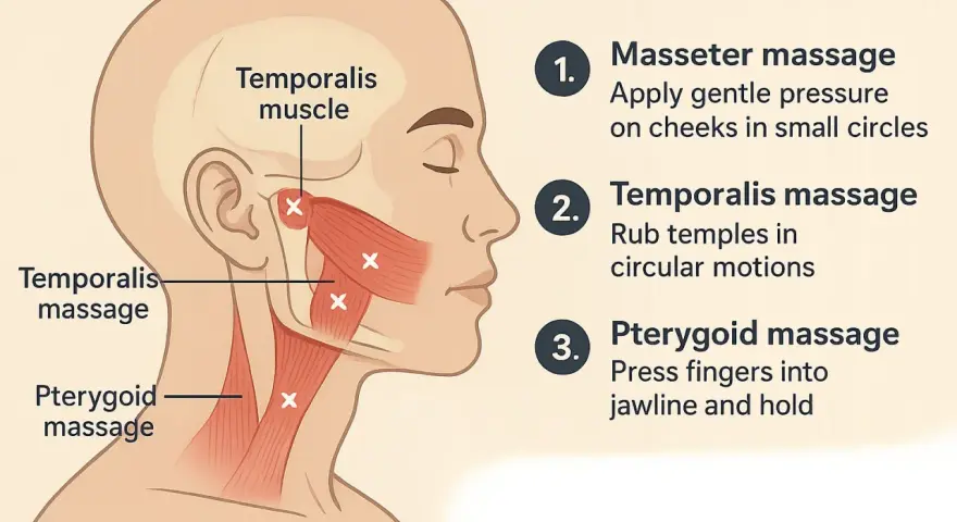 Diagram showing TMJ self-massage techniques for the face and neck, with instructions for masseter, temporalis, and pterygoid muscles.