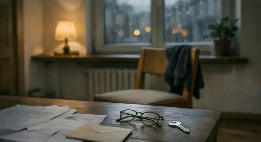 Na drewnianym stole leżą dokumenty, okulary i klucz. Może to symbolizować sprawy spadkowe, w tym zachowek od darowizny.