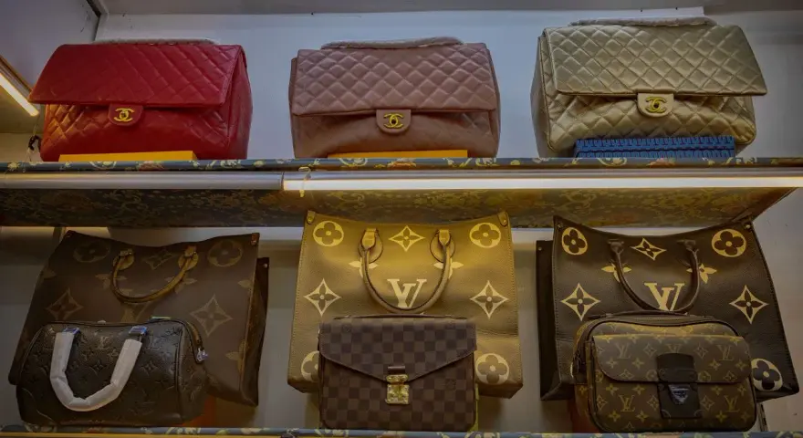 Borse Louis Vuitton fuori produzione, tra cui modelli classici e versioni con monogrammi iconici, esposte su scaffali illuminati.