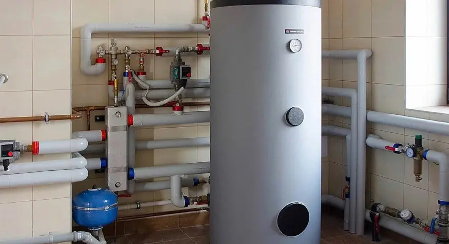 Duży, szary bojler stojący obok instalacji hydraulicznej z rurami i manometrami.