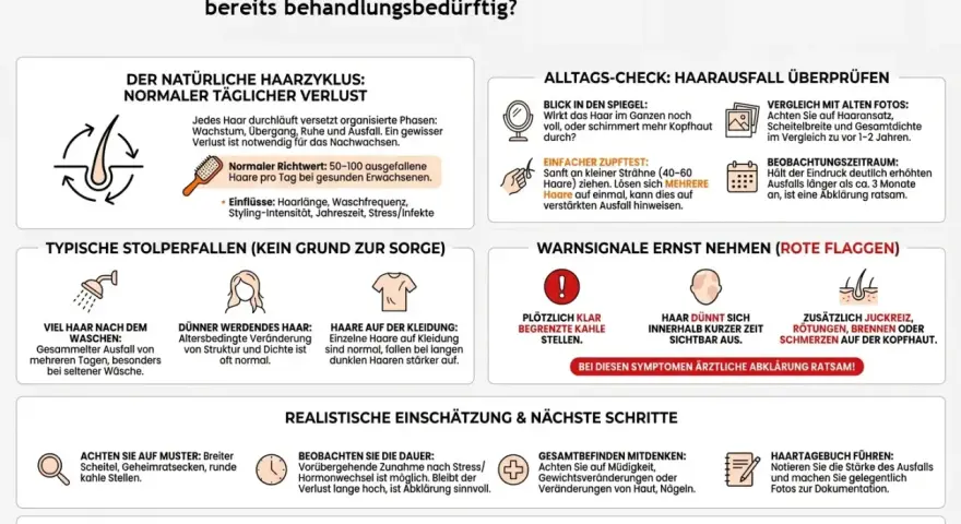 Der Text erklärt, wann **starker Haarausfall** normal ist und wann er ärztliche Hilfe erfordert. Er zeigt, wie man den eigenen Haarzustand beurteilt.