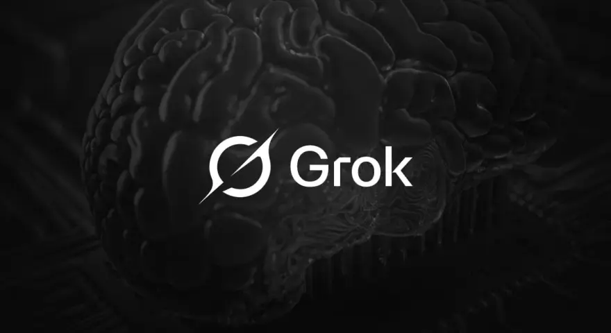 Mroczne, stylizowane ludzkie mózg z logo Grok. Czy to przyszłość sztucznej inteligencji?