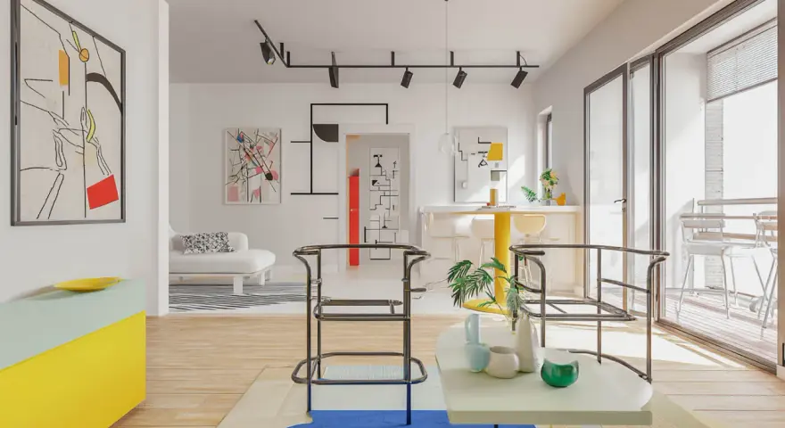 Nowoczesne wnętrze z meblami i grafikami w stylu bauhaus przykłady. Jasne kolory, geometryczne formy, minimalistyczne krzesła.