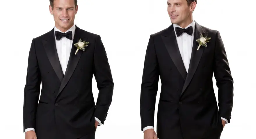 Uomo sorridente con un elegante mezzo smoking nero, papillon e fiore all'occhiello.