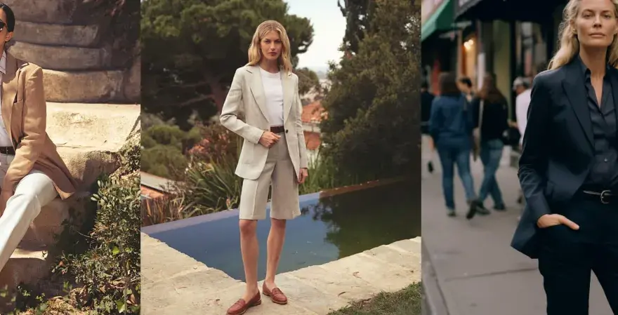 Tres mujeres con trajes elegantes, cada una irradiando una belleza andrógina única.