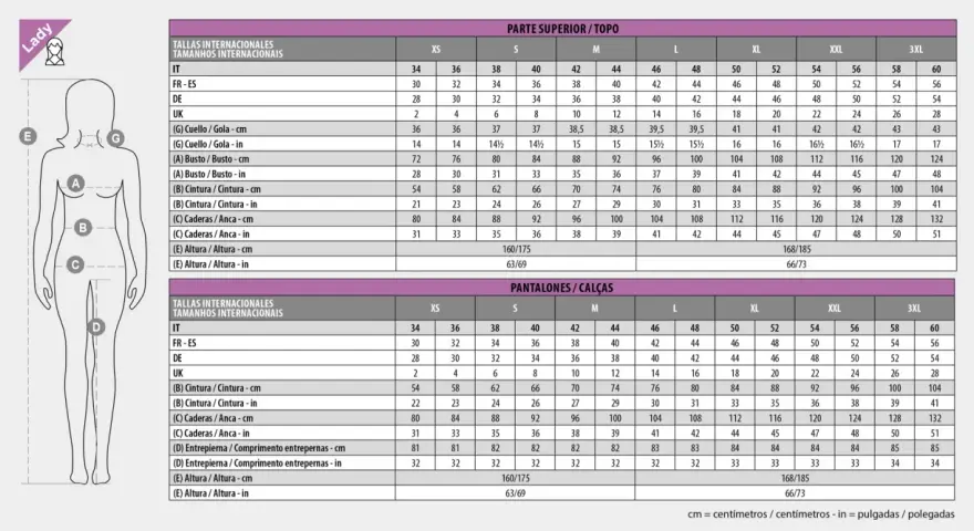 Tabla de tallas pantalones mujer: equivalencias en cm y pulgadas para cintura, cadera y altura.