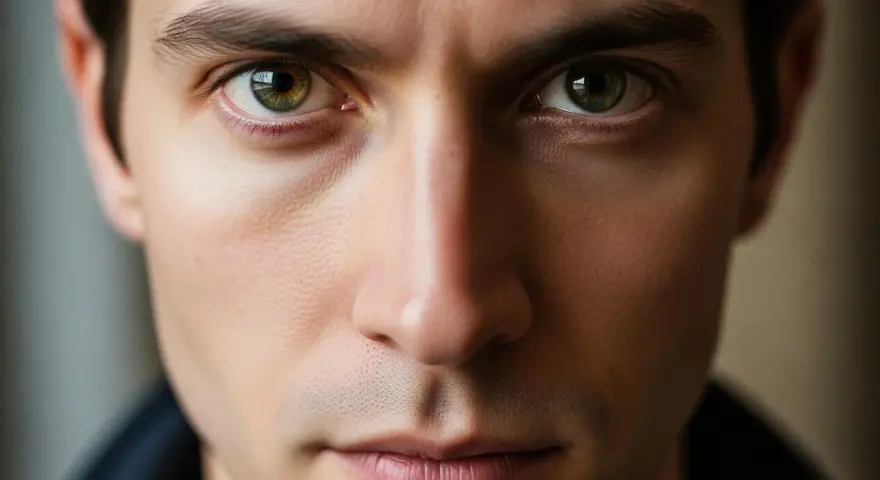 Gros plan sur le visage d'un homme, ses yeux verts fixent intensément, une expression captivante.