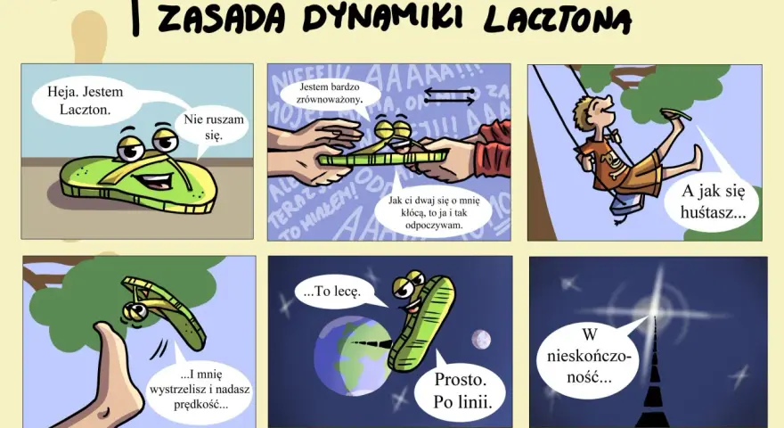 Komiks o lacztonie, który pokazuje jego dynamikę: od stania w miejscu, przez huśtanie, lot w kosmos, aż po nieskończoność.