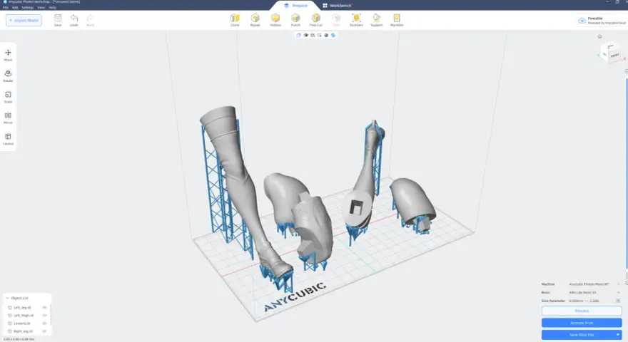 Modele do druku 3D: nogi i strój, przygotowane na platformie Anycubic. Widoczne są podpory, kluczowe dla udanego druku.