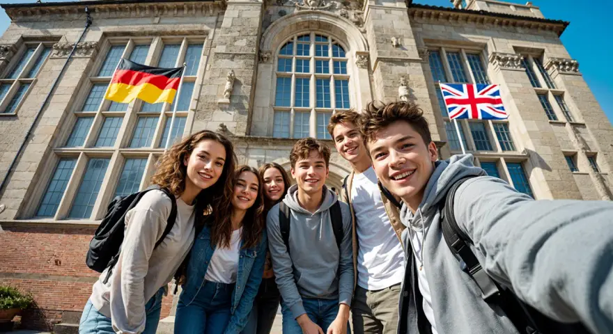 Sechs lächelnde junge Leute vor einem Gebäude mit deutschen und britischen Flaggen. Ein aufregendes Auslandsjahr in England beginnt!