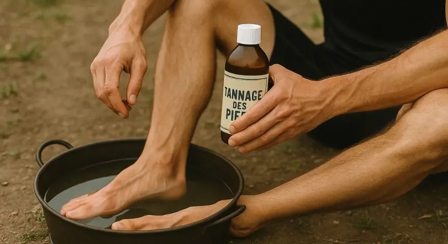Un homme utilise un produit pour comment durcir la peau des pieds, trempant un pied dans une bassine d'eau.