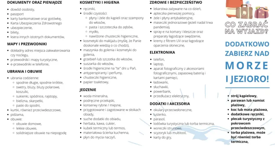 Lista rzeczy, co zabrać na wakacje nad morze z dzieckiem: dokumenty, kosmetyki, leki, ubrania, jedzenie, elektronika i akcesoria plażowe.