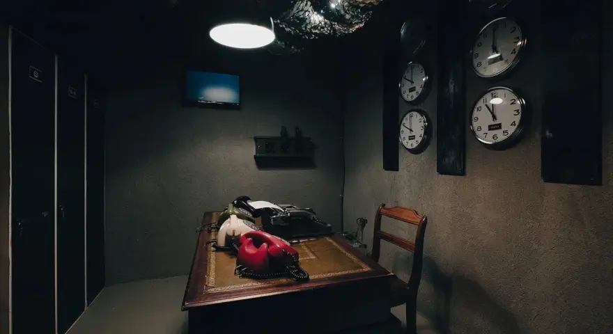 Mörkt rum med skrivbord, gamla telefoner, skrivmaskin och flera klockor på väggen. Perfekt för en spännande escape room hemma-upplevelse.