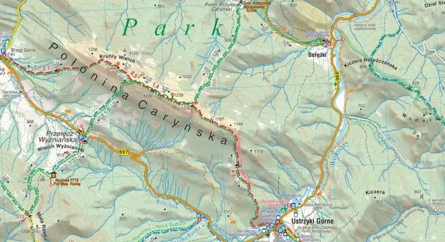 Mapa Bieszczad z zaznaczonymi szlakami i schroniskami. Widoczne Połonina Caryńska, Bereżki, Ustrzyki Górne.