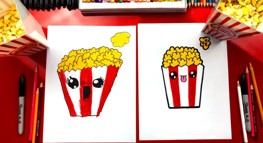 Deux adorables dessins de pop-corn, un avec une bouche ouverte et un autre tirant la langue, prêts à être colorés.