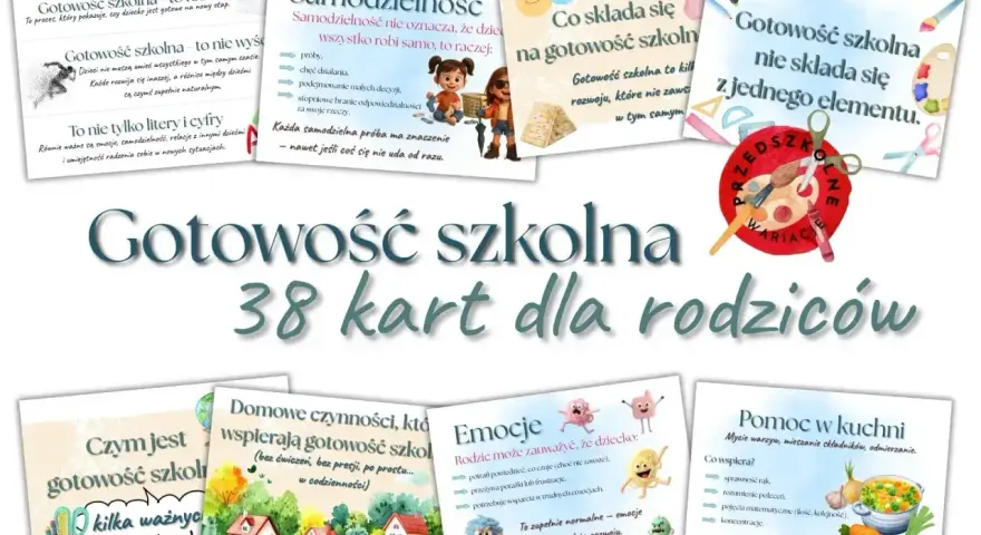 Zestaw 38 kart z prostymi zadaniami do wykonania dla dzieci, wspierającymi gotowość szkolną.