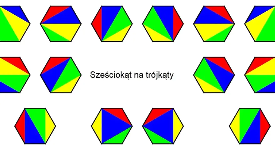 Sześciokąty podzielone na kolorowe trójkąty. Różne kombinacje brył geometrycznych.