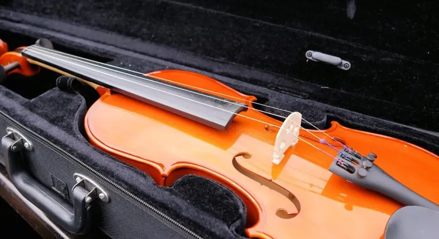 Eine glänzende Geige liegt im schwarzen Kasten. Ob Geige vs. Violine, beide Instrumente verzaubern mit ihrem Klang.