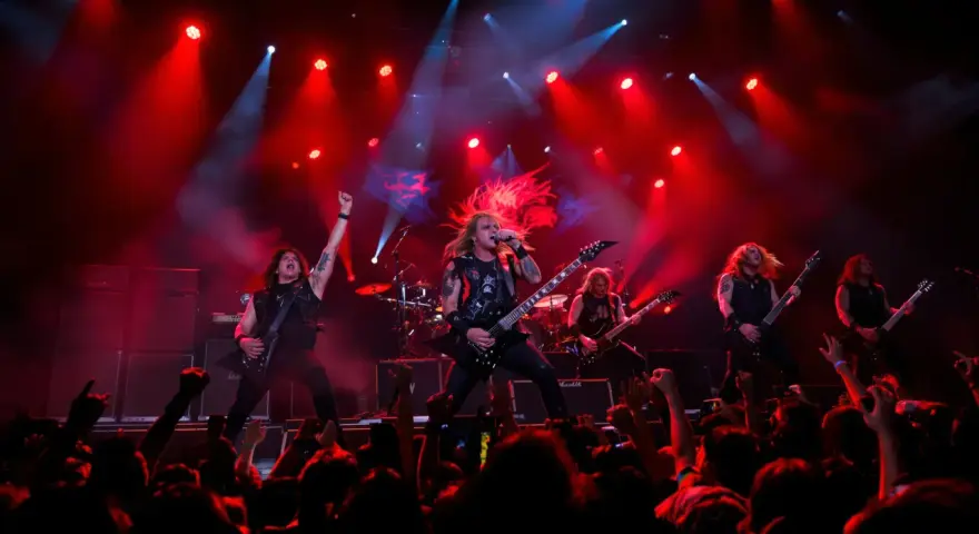 Un groupe metal actuel enflamme la scène sous des projecteurs rouges. Les musiciens jouent avec passion, leurs cheveux volant au vent, devant une foule en délire.