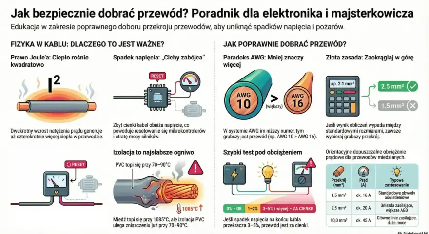 Wykres porównuje przekroje przewodów, pokazując, że grubszy przewód (np. 2.5 mm²) jest lepszy niż cieńszy (1.5 mm²), podobnie jak śruba 8.8 wytrzymałość jest kluczowa.