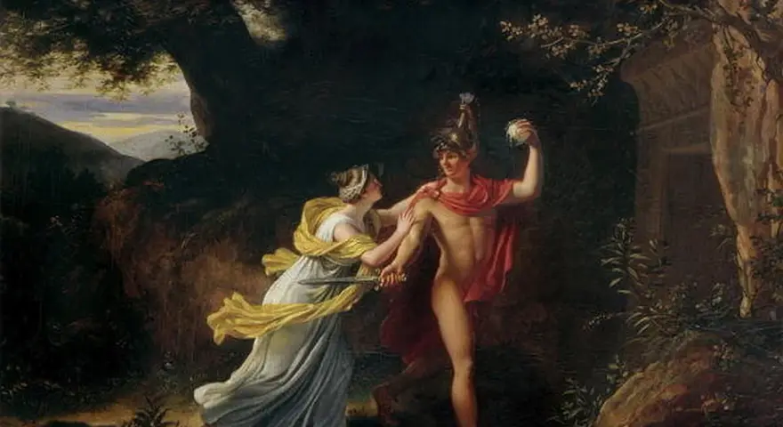 Ariadna podaje Tezeuszowi nić, by ten pokonał Minotaura. Mit o Tezeuszu i Ariadnie ożywa w tej scenie.