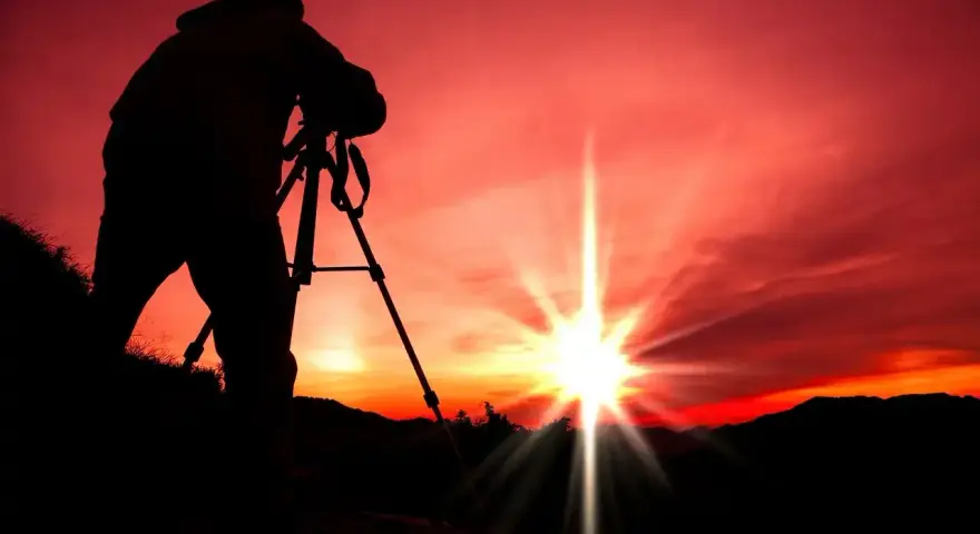 Silhouette d'un photographe sur trépied, capturant le soleil éclatant lors d'un coucher de soleil rougeoyant.