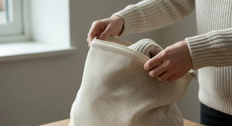 Händerna drar igen en tvättpåse med en stickad tröja inuti, för att undvika att ullen krymper i tvätten.