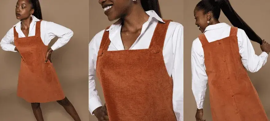 Trois vues d'une robe chasuble orange en velours côtelé, portée sur une chemise blanche.
