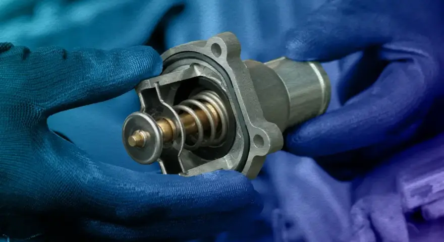 Hands in blue gloves hold a car thermostat, ready for replacement. The internal spring and valve are visible.