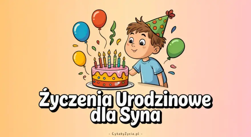 Chłopiec w czapce urodzinowej zdmuchuje świeczki z tortu. Balony i konfetti tworzą radosną atmosferę. Idealne życzenia urodzinowe dla syna.