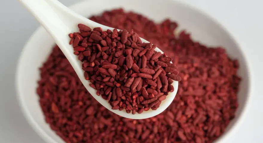 Un cucchiaio bianco pieno di riso rosso fermentato, ingrediente noto per il suo effetto sul gonfiore addominale.