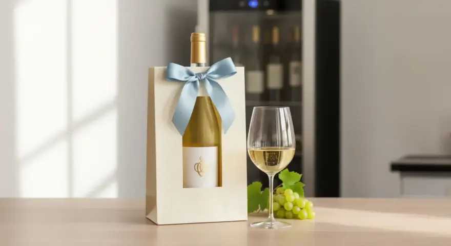 Bouteille de vin blanc sec dans un emballage cadeau, verre de vin et raisins verts. Idéal pour un classement "top 10 vin blanc sec".