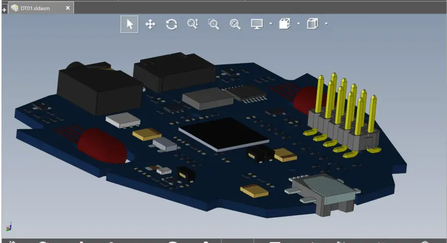 Model 3D płytki drukowanej z elementami elektronicznymi, widoczny w oprogramowaniu do projektowania.