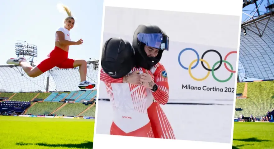 Klaudia Adamek w skoku na stadionie i dwie zawodniczki bobslejowe w uścisku przed logo Milano Cortina 202.