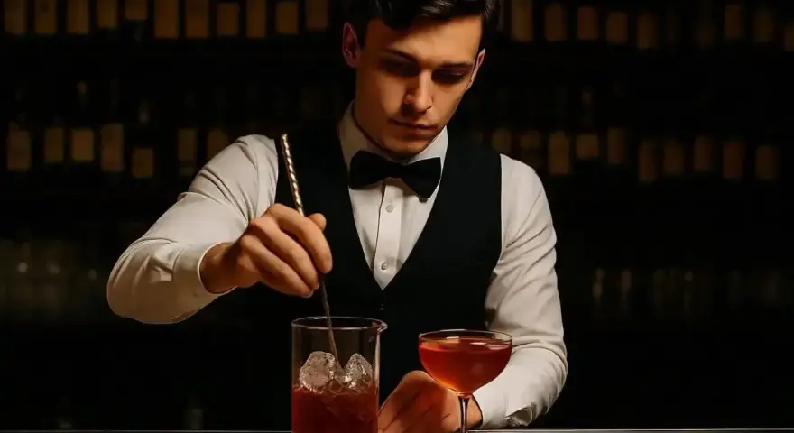 Barman miesza drinka, zastanawiając się, ile zarabia barman za granicą. W tle półki z butelkami.