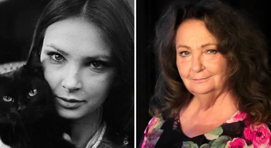 Anna Dymna w wieku 40 lat, z czarnym kotem na lewym zdjęciu, i ta sama aktorka, starsza, w kolorowym kwiecistym ubraniu, po prawej.