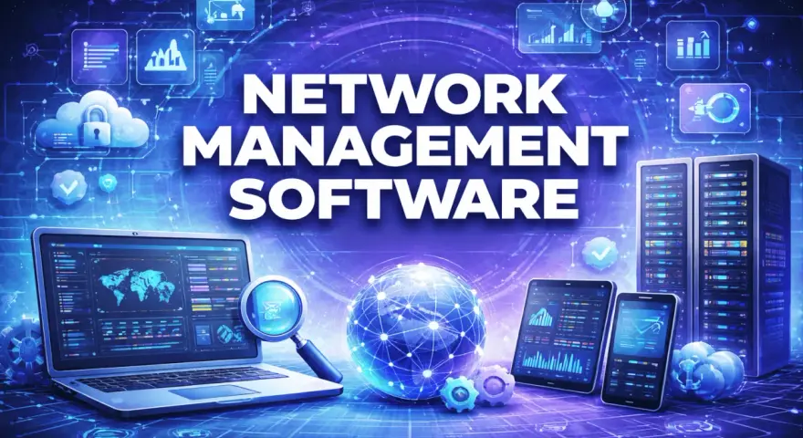 Network management system software visualized with servers, laptops, tablets, and a glowing globe.