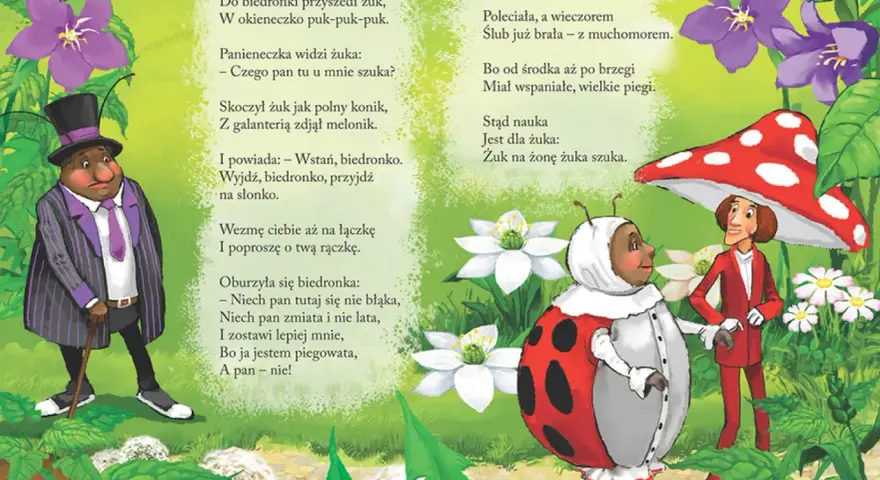 Ilustracja do wierszy o przyrodzie Jana Brzechwy. Żuk w meloniku i biedronka w sukni rozmawiają wśród kwiatów.