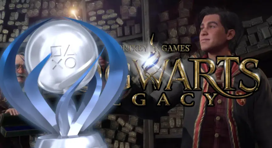 Trofeos de Hogwarts Legacy: un estudiante mira con orgullo mientras un trofeo de PlayStation brilla, rodeado de varitas mágicas.