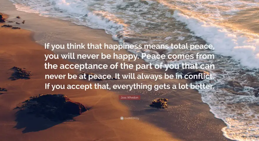A serene beach scene with waves lapping the shore, featuring a quote about finding peace through acceptance, leading to being content.