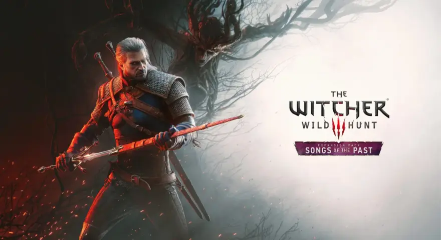 Geralt de Rivia, listo para la batalla en el remake de The Witcher. Un árbol sombrío y el logo del juego completan la escena.