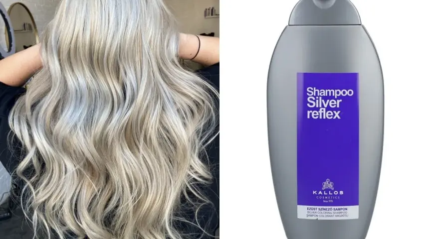 Piękne, falowane blond włosy i butelka szamponu rewitalizującego kolor do włosów blond Kallos Silver Reflex.