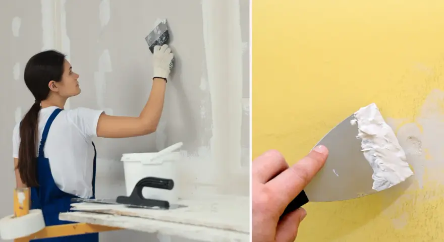 En person använder spackel och spackelspade för att jämna ut en vägg. Efter spackling kan sandpapper användas för en slät finish.